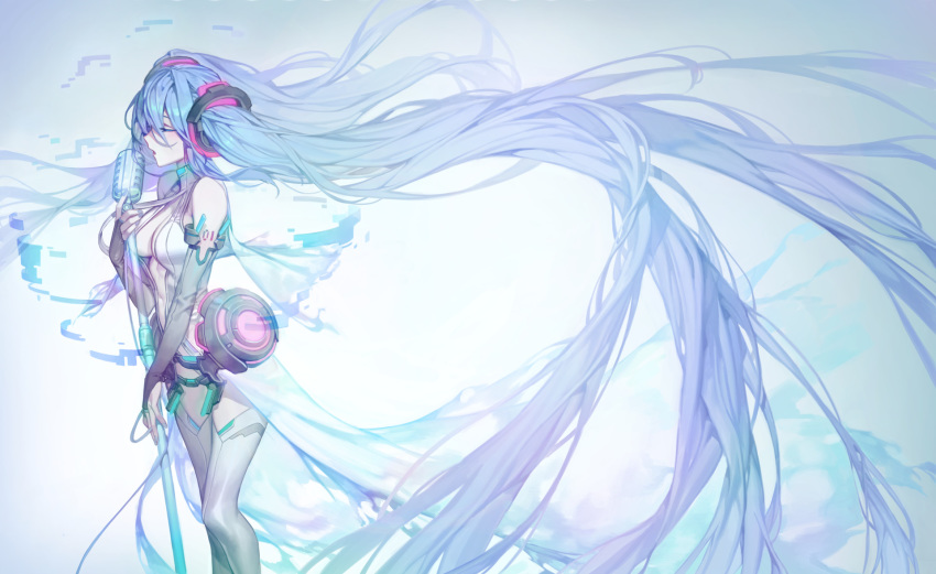 1girl anklet aqua_eyes aqua_hair barefoot binary breasts bridal_gauntlets center_opening chyan closed_eyes digital_dissolve elbow_gloves fingerless_gloves gloves hatsune_miku hatsune_miku_(append) headphones highres jewelry long_hair microphone music navel necktie open_mouth rectangle singing solo thighhighs toeless_legwear twintails very_long_hair vintage_microphone vocaloid vocaloid_(tda-type_ver) vocaloid_append