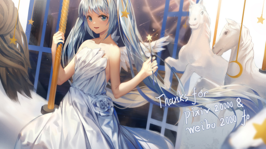 1girl :d bangs bare_arms bare_shoulders blue_eyes blue_hair carousel chinese_commentary collarbone commentary crescent dress english_commentary eyebrows_behind_hair flower followers glowing hands_up hatsune_miku highres holding holding_wand horse horseback_riding indoors ji_dao_ji long_hair mixed-language_commentary night night_sky open_mouth riding rose sidelocks sky smile solo star strapless strapless_dress twintails upper_teeth very_long_hair vocaloid wand white_dress white_flower white_rose