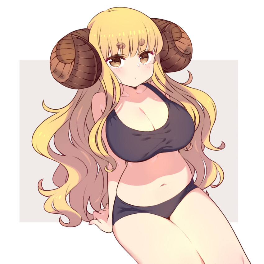 1girl anila_(granblue_fantasy) bangs black_bra blonde_hair blunt_bangs blush boyshorts bra breasts brown_eyes chan_co cleavage collarbone cowboy_shot draph eyebrows eyebrows_visible_through_hair granblue_fantasy highres hikimayu horns huge_breasts long_hair looking_at_viewer navel outside_border sheep_horns short_eyebrows sidelocks simple_background sitting solo sports_bra underwear underwear_only very_long_hair