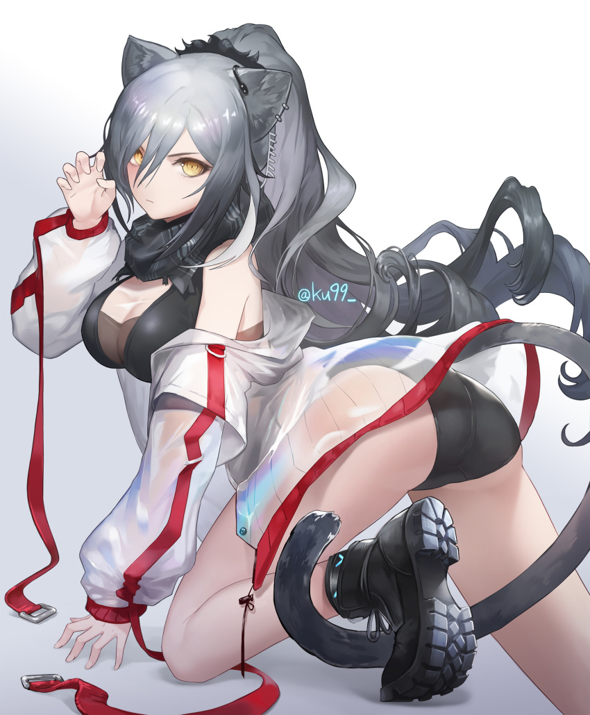 1girl absurdres all_fours animal_ears arknights ass bangs bare_shoulders black_hair black_panties blush boots breasts cat_ears claw_pose cleavage closed_mouth earrings gradient_hair hair_ornament highres jewelry ku99_(kugugu) large_breasts long_hair looking_at_viewer multicolored_hair multiple_earrings panties ponytail scarf schwarz_(arknights) silver_hair solo thighs twitter_username underwear very_long_hair yellow_eyes