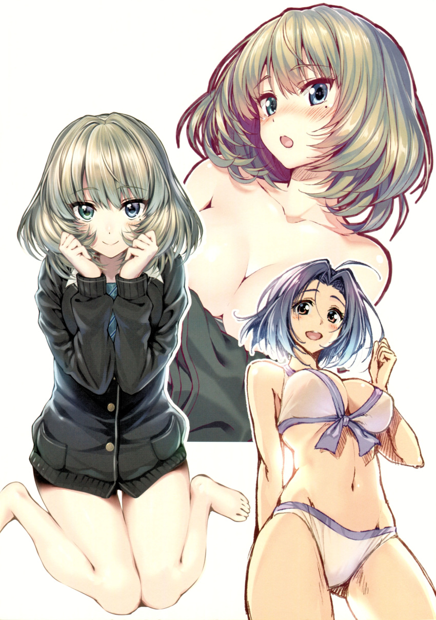 2girls :d absurdres bangs bare_shoulders barefoot bikini breasts cleavage closed_mouth collarbone eyebrows_visible_through_hair full_body hand_up highres idolmaster idolmaster_(classic) idolmaster_cinderella_girls lips long_sleeves looking_at_viewer medium_breasts miura_azusa multiple_girls navel open_mouth piromizu scan shiny shiny_hair shiny_skin short_hair simple_background sitting smile stomach swimsuit takagaki_kaede toes wariza white_background