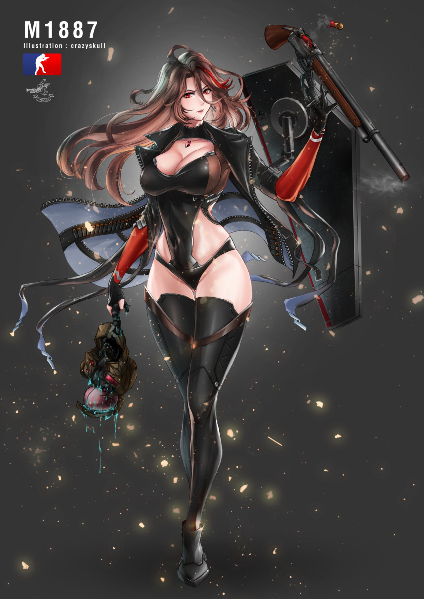 1girl artist_name ass_visible_through_thighs breasts brown_hair character_name cleavage commentary crazyskull earrings english_commentary full_body girls_frontline gloves gun highres jacket jewelry large_breasts leather leather_jacket lever_action long_hair looking_at_viewer m1887_(girls_frontline) multicolored_hair parted_lips red_hair shotgun shotgun_shells streaked_hair thighhighs weapon