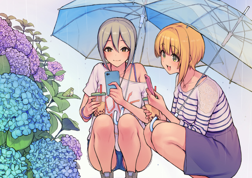 2girls :d animal_ears ass blonde_hair blush bracelet brown_eyes bubble_tea cellphone eyebrows_visible_through_hair flower frog green_eyes grey_hair hair_between_eyes hydrangea idolmaster idolmaster_cinderella_girls jewelry miyamoto_frederica morimiya_masayuki multiple_girls necklace open_mouth phone rain shiomi_shuuko short_hair shorts smartphone smile squatting umbrella