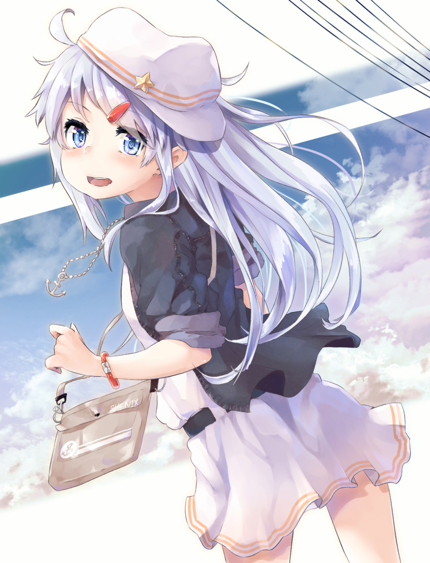 1girl alternate_costume badge bag black_jacket blue_eyes blue_sky bracelet casual cloud commentary_request cowboy_shot dress flat_cap from_behind hair_ornament hairclip handbag hat hibiki_(kantai_collection) highres jacket jewelry kantai_collection long_hair looking_at_viewer looking_back open_mouth round_teeth sky smile solo standing star taisho_(gumiyuki) teeth upper_teeth verniy_(kantai_collection) white_dress white_headwear