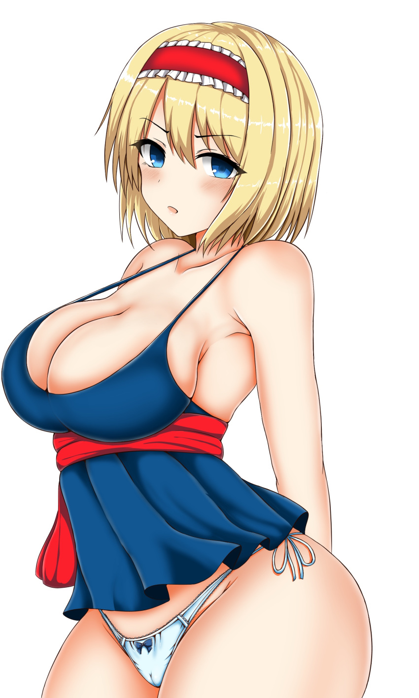 absurdres alice_margatroid arms_behind_back bare_arms bare_shoulders blonde_hair blue_eyes blush bow bow_panties breasts cameltoe camisole hairband highres isshin_(sasayamakids) large_breasts looking_at_viewer panties sash short_hair side-tie_panties sleeveless spaghetti_strap thighs touhou underwear