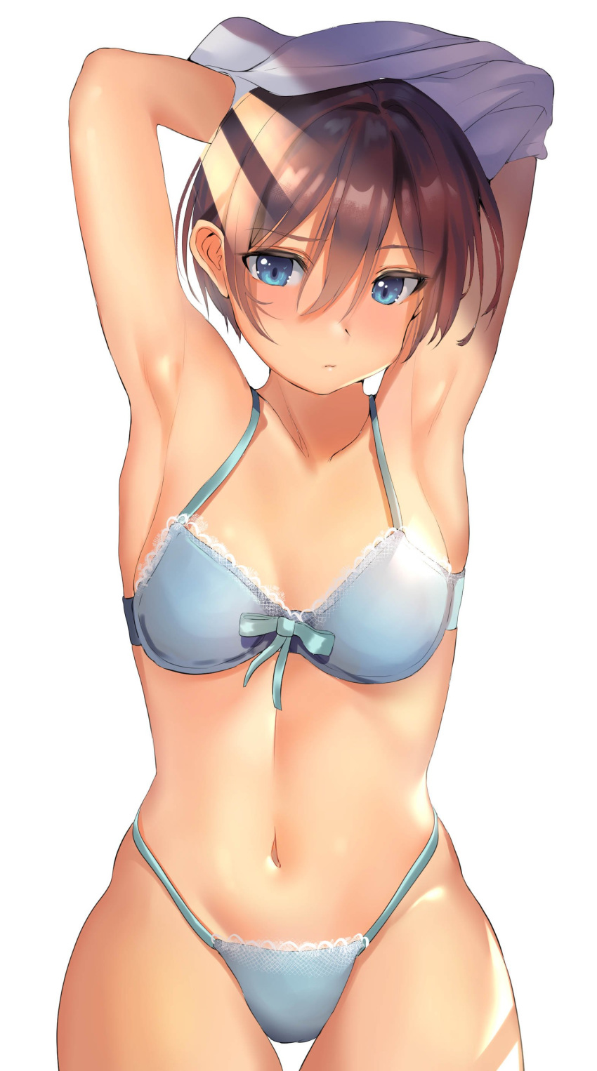 1girl absurdres aqua_bra aqua_panties armpits arms_up blue_eyes bra breasts brown_hair high-waist_panties highres inushima looking_at_viewer medium_breasts navel original panties short_hair simple_background solo underwear undressing white_background