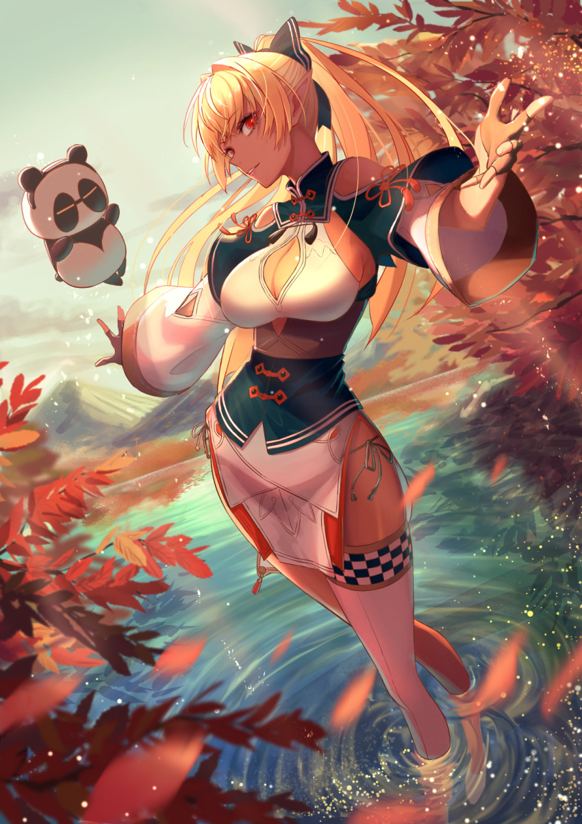 1girl animal_costume animal_ears bangs bare_shoulders black_gloves blonde_hair bow breasts checkered checkered_legwear chinese_clothes cleavage cleavage_cutout dark_skin elf eyebrows_visible_through_hair gloves hair_bow hair_ornament highres hololive kintsuba_(flare_channel) leaf loincloth long_hair long_ponytail medium_breasts mountain mountainous_horizon namahamu913 outdoors panda_costume panda_ears partly_fingerless_gloves pointy_ears ponytail red_eyes reflection shiranui_flare shoulder_cutout single_thighhigh sky teeth thighhighs virtual_youtuber wading water white_legwear white_loincloth