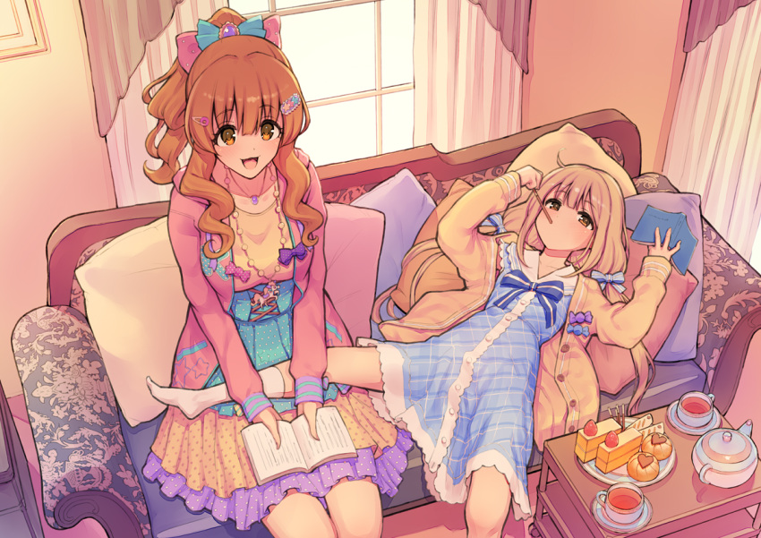 2girls :d bangs blazer blonde_hair blush book bow breasts brown_eyes brown_hair cake cart couch cup curtains cushion dress eating eyebrows_visible_through_hair food futaba_anzu hair_bow hair_ornament hairclip hood hooded_jacket idolmaster idolmaster_cinderella_girls indoors jacket jewelry kneehighs lying morimiya_masayuki moroboshi_kirari multiple_girls necklace on_back open_book open_mouth ponytail saucer sitting smile spread_legs tea teacup teapot white_legwear window