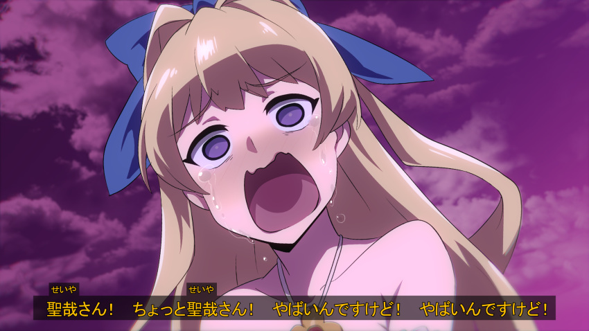 1girl blonde_hair commentary hair_intakes hair_ribbon highres kono_subarashii_sekai_ni_shukufuku_wo! kono_yuusha_ga_ore_tueee_kuse_ni_shinchou_sugiru long_hair parody purple_eyes ribbon ristarte_(kono_yuusha_ga_ore_tueee_kuse_ni_shinchou_sugiru) sweat tears tom_(drpow) translated