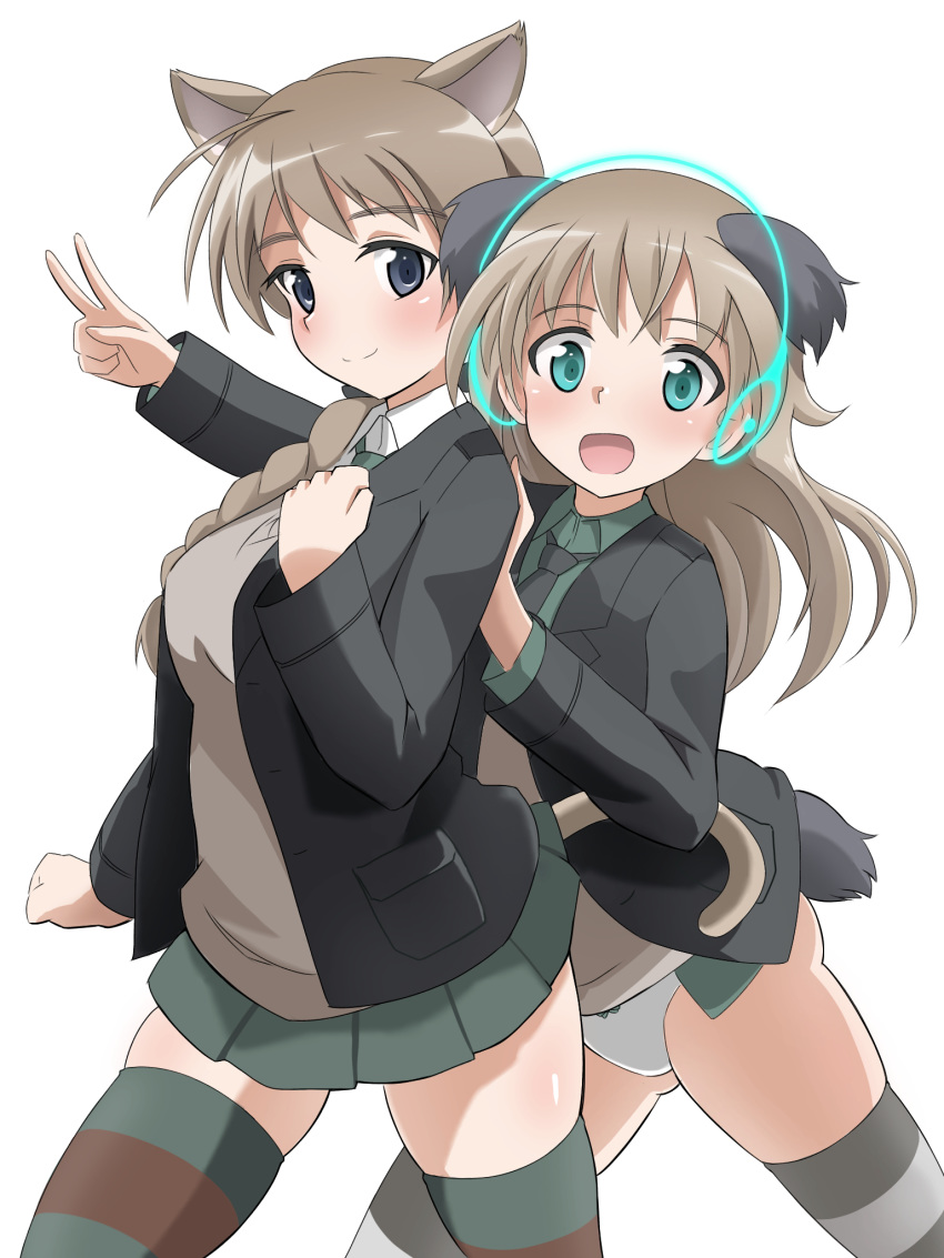 2girls animal_ears black_jacket black_neckwear blazer blue_eyes braid brown_hair commentary_request cowboy_shot dog_ears dog_tail green_eyes green_shirt grey_skirt headphones highres idol_witches jacket long_hair looking_at_viewer lynette_bishop multiple_girls necktie panties pleated_skirt shirt simple_background single_braid skirt strike_witches striped striped_legwear sweater_vest tail underwear virginia_robertson vr46 white_background white_panties world_witches_series