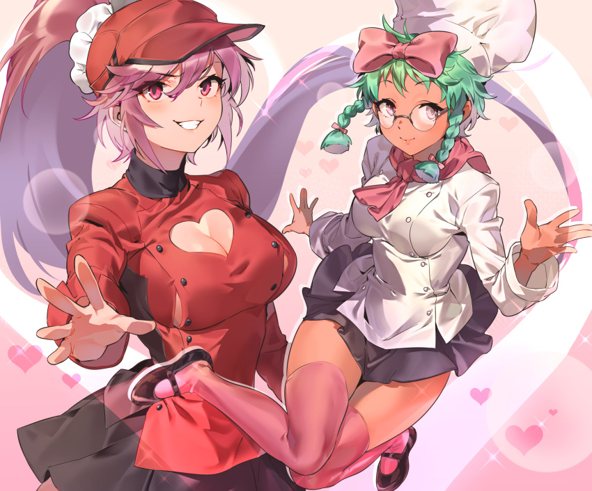 2girls ascot baseball_cap black_skirt bow braid breasts bursting_breasts chef_hat chef_uniform cleavage cleavage_cutout commentary dark_skin employee_uniform english_commentary glasses green_hair grin hair_bow hair_ornament hair_scrunchie hat heart heart_background heart_cutout highres kfc large_breasts long_hair medium_breasts multiple_girls naso4 no_bra outstretched_hand pink_bow pink_eyes pink_hair pink_legwear ponytail rimless_eyewear round_eyewear scrunchie short_hair side_braids skirt smile sparkle_background thighhighs twin_braids uniform zettai_ryouiki