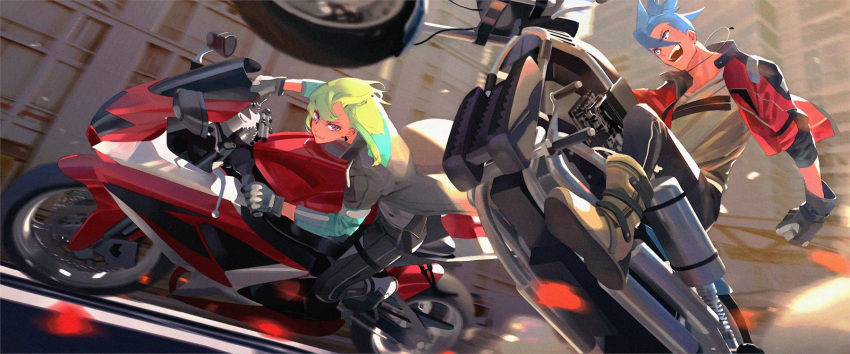 2boys blue_hair boots chenalii coat galo_thymos gloves green_hair ground_vehicle highres jacket lio_fotia long_coat male_focus motor_vehicle motorcycle multiple_boys on_motorcycle open_mouth pants promare purple_eyes short_hair smile spiked_hair
