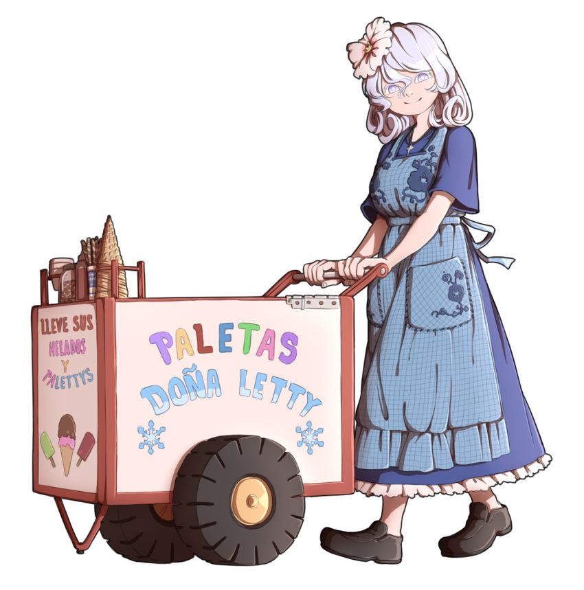 1girl adapted_costume apron blue_dress bottle cart commentary cup curly_hair dress flower food frills full_body hair_between_eyes hair_flower hair_ornament highres ice_cream ice_cream_bar ice_cream_cone jar jewelry letty_whiterock loafers looking_at_viewer mefomefo necklace no_socks pocket shoes short_sleeves silver_eyes silver_hair simple_background smile snowflakes solo spanish_text sprinkles touhou translated white_background wide_sleeves