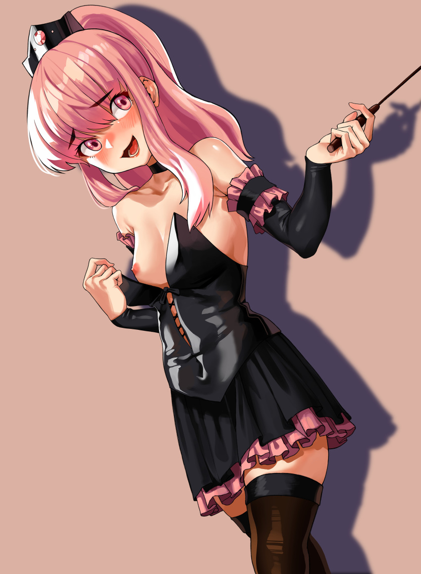 1girl :3 absurdres bangs bare_shoulders black_choker black_shirt black_skirt black_sleeves blush breasts brown_legwear choker crown detached_sleeves dutch_angle eyebrows_visible_through_hair gem high_ponytail highres lee0110 long_hair looking_to_the_side louise_francoise_le_blanc_de_la_valliere nipples nose_blush open_mouth petticoat pink_background pink_eyes pink_hair pleated_skirt shirt shirt_pull skirt small_breasts smile solo strapless strapless_shirt thighhighs wand zero_no_tsukaima zettai_ryouiki