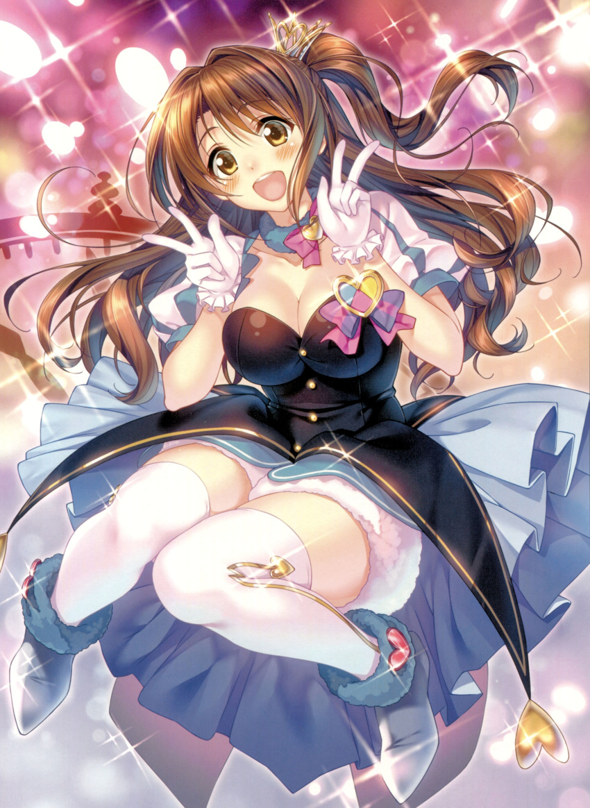 1girl :d absurdres ankle_boots bangs blush boots breasts brown_eyes brown_hair cleavage collarbone detached_collar eyebrows_visible_through_hair full_body fur_trim gloves hair_ornament highres idol idolmaster idolmaster_cinderella_girls looking_at_viewer medium_breasts open_mouth piromizu puffy_short_sleeves puffy_sleeves scan shimamura_uzuki shiny shiny_hair short_sleeves simple_background smile solo sparkle star!! striped thighhighs tied_hair v white_gloves white_legwear