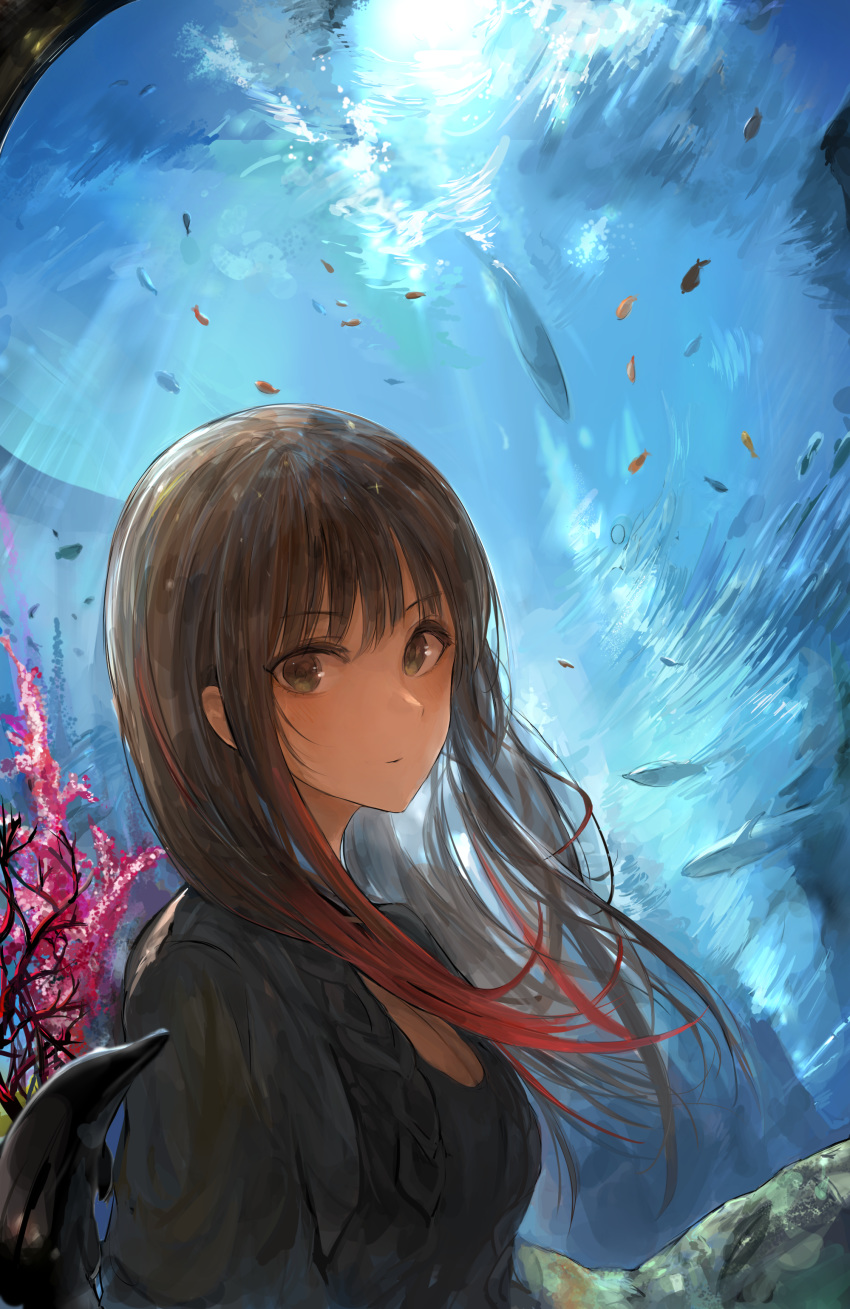 1girl absurdres bangs breasts brown_eyes brown_hair chan1moon character_request cleavage commentary eyebrows_visible_through_hair fish highres idolmaster idolmaster_million_live! idolmaster_million_live!_theater_days large_breasts long_hair looking_at_viewer shrit solo water whale