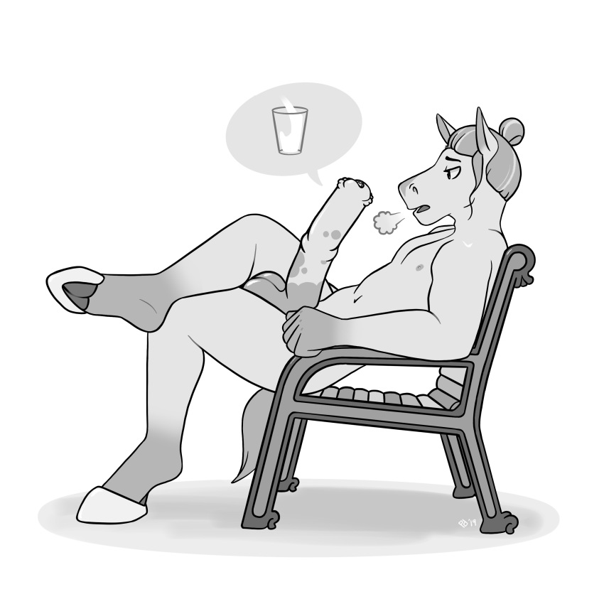 1:1 2019 5_fingers absurd_res animal_genitalia animal_penis balls big_penis black_and_white bodily_fluids crossed_legs equine_penis erection eyebrows fingers fur genital_fluids grey_body hair hi_res hooves male manly monochrome muscular nipples nude park penis polygonpup public reclining sitting snout solo