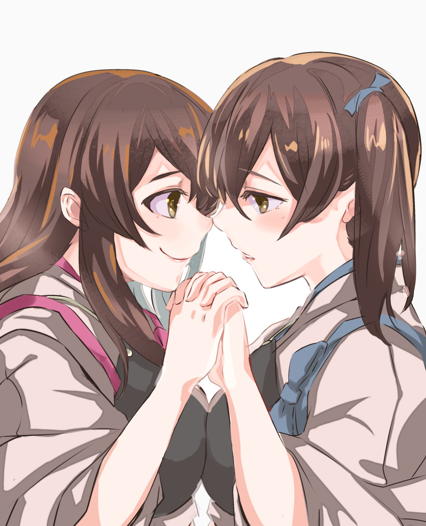 2girls absurdres akagi_(kantai_collection) bangs blue_ribbon blush breast_press breasts brown_eyes brown_hair closed_mouth eye_contact eyebrows_visible_through_hair hair_over_shoulder hair_ribbon half-closed_eyes highres holding_hands interlocked_fingers japanese_clothes kaga_(kantai_collection) kantai_collection kimono long_hair long_sleeves looking_at_another mosuke multiple_girls muneate noses_touching out_of_frame parted_lips red_ribbon ribbon side_ponytail simple_background smile symmetrical_docking tasuki upper_body white_background white_kimono wide_sleeves yuri