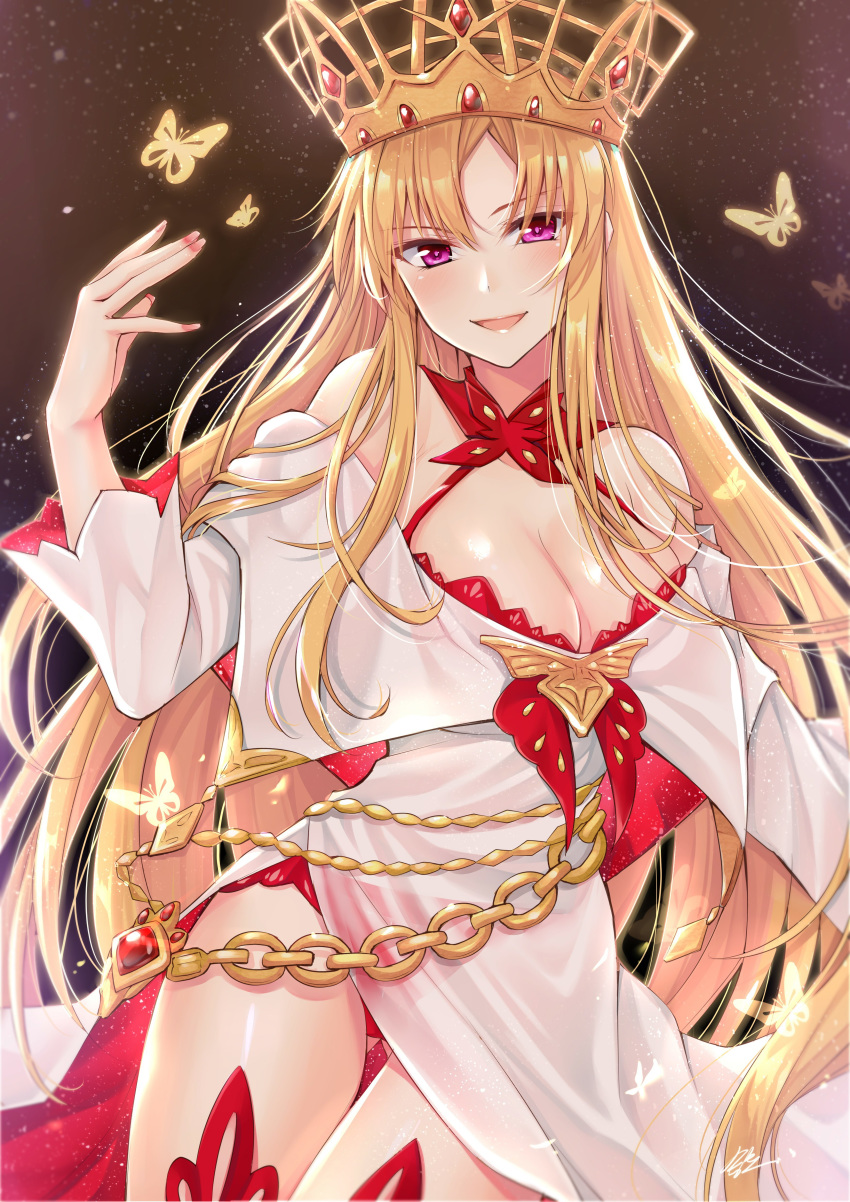 1girl absurdres bangs bare_shoulders blonde_hair blush breasts bug butterfly chain character_request cleavage crown dress fate/grand_order fate_(series) gu_li highres insect large_breasts long_hair long_sleeves looking_at_viewer off_shoulder open_mouth purple_eyes revision smile solo thighs very_long_hair white_dress yellow_butterfly