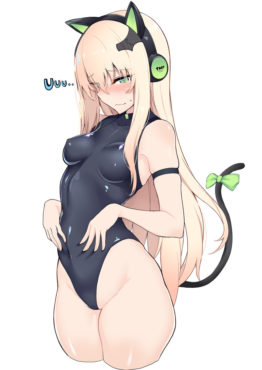 1girl arm_strap bare_shoulders black_leotard blonde_hair blush bow breasts cameltoe cat_ear_headphones cat_tail closed_mouth covered_navel girls_frontline green_eyes gun headphones highleg highleg_leotard highres kurifuto leotard long_hair medium_breasts ribbon shiny shiny_clothes shiny_hair shiny_skin simple_background skin_tight skindentation solo standing submachine_gun tail tail_bow tail_ribbon thighs tmp_(girls_frontline) wavy_mouth weapon white_background