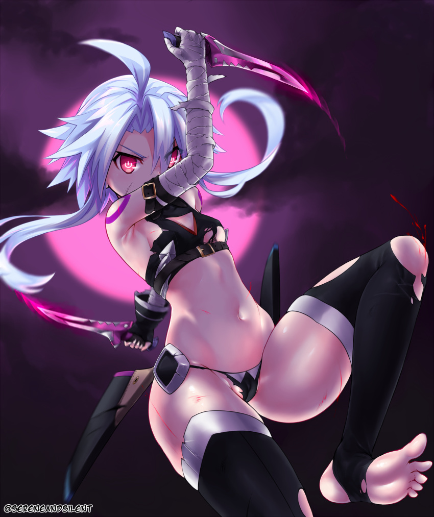 1girl arm_up armpits ass bandaged_arm bandages bare_shoulders black_gloves black_legwear black_panties blood blue_hair cameltoe commentary cosplay crop_top dagger dual_wielding english_commentary fate/grand_order fate_(series) feet full_moon gloves glowing glowing_eyes glowing_weapon groin highres holding holding_dagger holding_weapon jack_the_ripper_(fate/apocrypha) jack_the_ripper_(fate/apocrypha)_(cosplay) jumping knee_up leg_up looking_at_viewer midriff moon navel neptune_(series) night night_sky panties power_symbol purple_moon red_eyes revealing_clothes sereneandsilent short_hair_with_long_locks shoulder_tattoo single_glove sky sleeveless solo stomach symbol-shaped_pupils tattoo thighhighs thighs torn_clothes torn_legwear underwear weapon white_heart