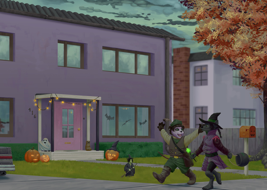 2019 5_fingers anthro black_hair blizzard_entertainment brown_body brown_fur building canid canine canis car child claws clothed clothing cloud costume detailed_background digital_media_(artwork) duo female fingers foliage food fruit fur garland giant_panda green_eyes hair halloween hat headgear headwear hi_res holidays house mammal multicolored_body multicolored_fur open_mouth outside pandaren plant postbox pumpkin sky smile tall_lizzard_(artist) tongue topwear tree two_tone_body two_tone_fur ursid vehicle video_games warcraft were werecanid werecanine white_body white_fur wolf worgen young