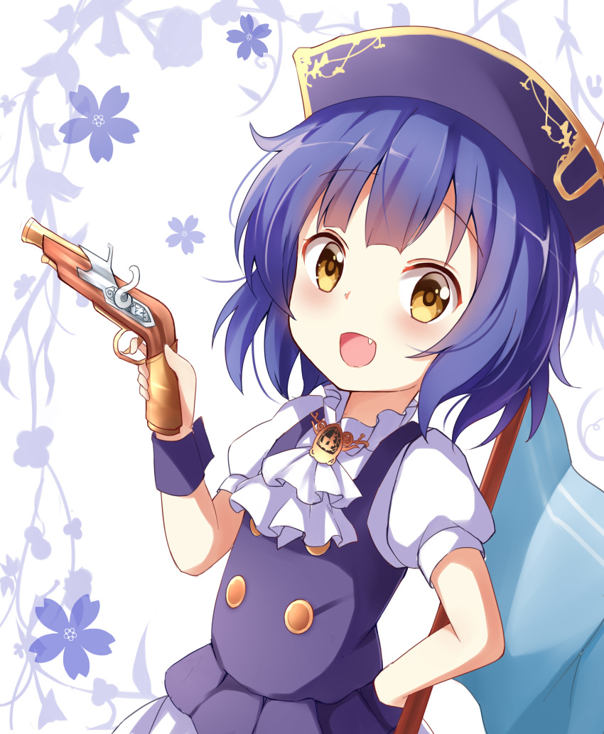 1girl absurdres antique_firearm ascot bangs blue_hair blue_headwear blue_vest brown_eyes eyebrows_visible_through_hair firearm firelock flintlock floral_background gochuumon_wa_usagi_desu_ka? gun hand_on_hip hat highres holding holding_gun holding_weapon jouga_maya puffy_short_sleeves puffy_sleeves shirt short_sleeves solo stick_jitb upper_body vest weapon white_background white_neckwear white_shirt wrist_cuffs