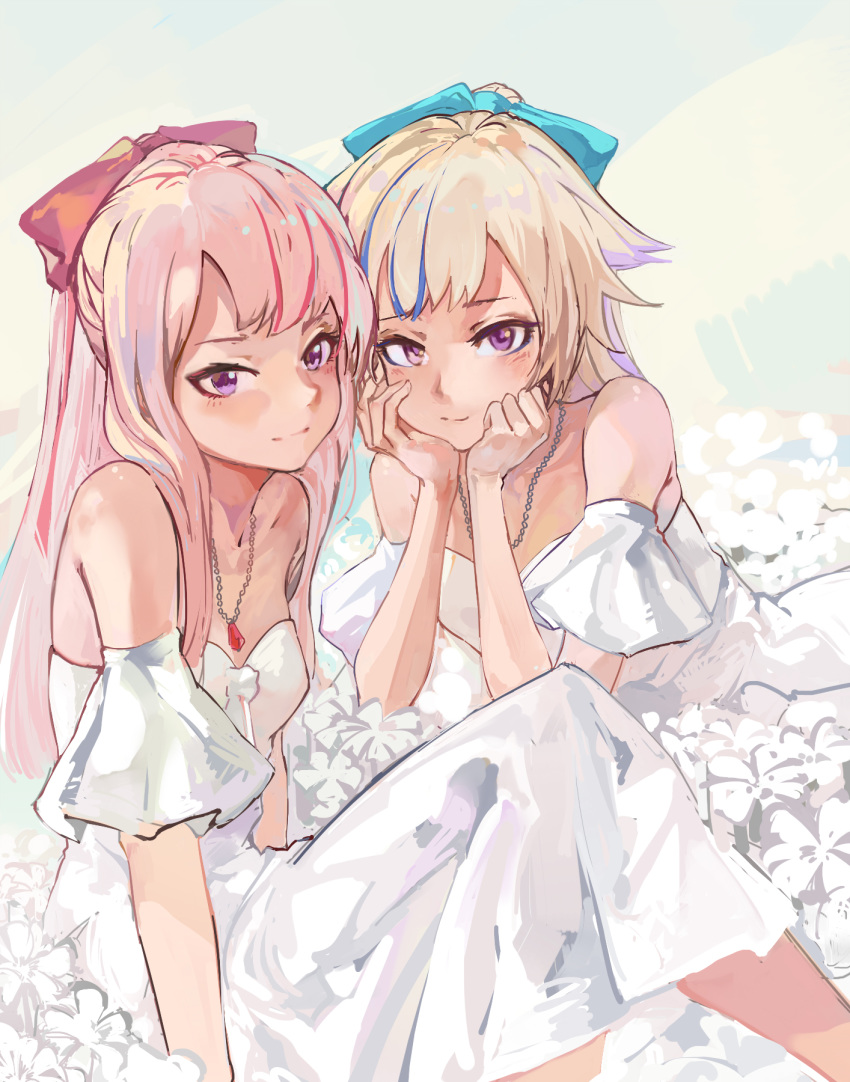 2girls alternate_costume bangs bare_shoulders blonde_hair blue_ribbon blush breasts closed_mouth collarbone commentary dress flower hair_ribbon highres himehina_channel jewelry looking_at_viewer multicolored_hair multiple_girls necklace pink_hair pink_ribbon ponytail purple_eyes ribbon sidelocks sitting small_breasts smile streaked_hair sundress suzuki_hina tanaka_hime virtual_youtuber white_dress z.boat