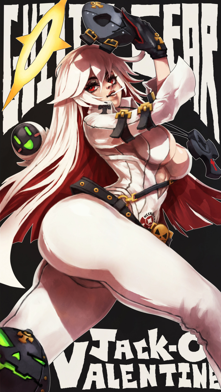 1girl absurdres ankh ass ball_and_chain_restraint bellbottoms belt black_gloves breasts candy character_name commentary copyright_name english_commentary food gloves guilty_gear guilty_gear_xrd halo highres jack-o'_valentine knight_servant large_breasts lips lollipop long_hair loose_belt mask mask_removed monori_rogue multicolored_hair no_bra nose plunging_neckline red_eyes red_hair solo_focus strap studded_belt two-tone_hair very_long_hair white_hair