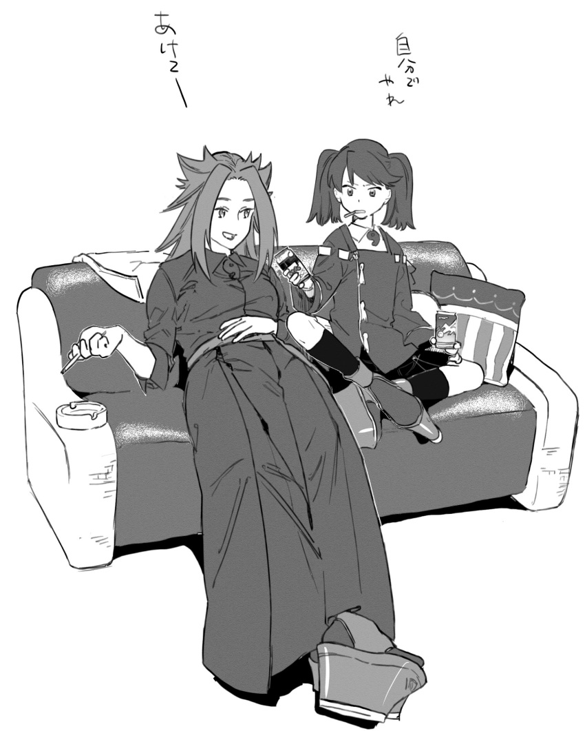 2girls ashtray can cigarette collared_shirt commentary_request couch greyscale hakama_pants highres japanese_clothes jun'you_(kantai_collection) kantai_collection kariginu kneehighs long_hair long_sleeves magatama monochrome multiple_girls pillow platform_footwear ryuujou_(kantai_collection) shirt shishanmo sitting sleeves_past_elbows spiked_hair translation_request twintails wide_sleeves