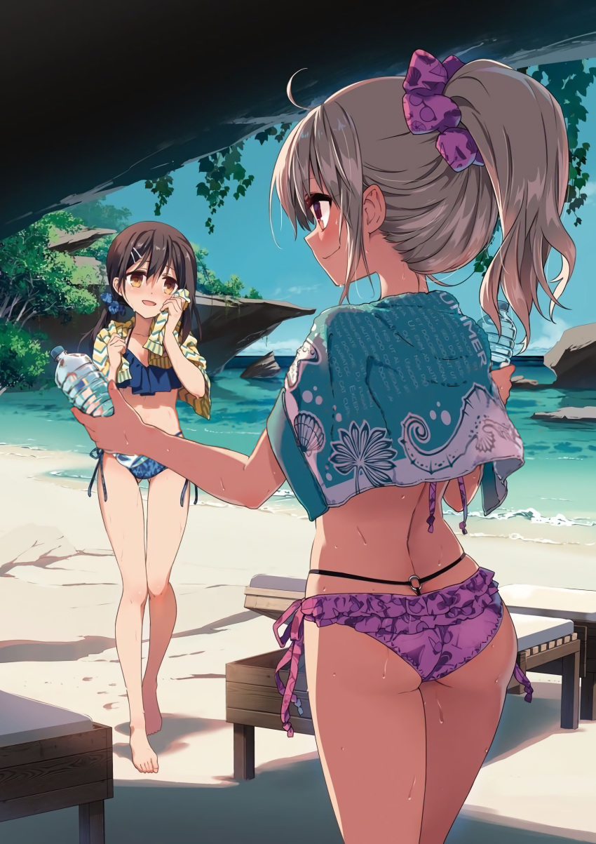 2girls absurdres ahoge ass ass_visible_through_thighs back barefoot beach bikini black_hair blue_bikini blush bottle breasts brown_eyes chair cliff drink fate/kaleid_liner_prisma_illya fate_(series) frilled_bikini frills grey_hair hair_ornament hairclip highres hiroyama_hiroshi holding holding_bottle illyasviel_von_einzbern legs_together long_hair long_legs looking_at_another looking_at_viewer lounge_chair miyu_edelfelt multiple_girls nature o-ring o-ring_bottom ocean official_art open_mouth outdoors ponytail purple_bikini red_eyes resized scrunchie shade shore side-tie_bikini sideways_mouth small_breasts smile standing sunlight swimsuit towel towel_around_neck upscaled waifu2x water_bottle wet white_hair wiping_face