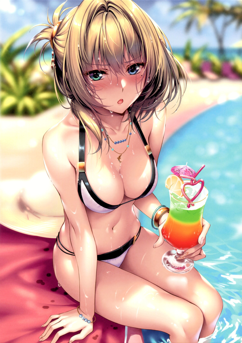 1girl :o absurdres arm_at_side bangle bangs bare_shoulders beach bendy_straw bikini blue_eyes blue_sky blurry blurry_background blush bracelet breasts cleavage cloud cocktail cocktail_umbrella collarbone crazy_straw cup day drink drinking_glass drinking_straw eyebrows_visible_through_hair fingernails folded_ponytail green_eyes green_hair hair_between_eyes hand_up heart_straw heterochromia highres holding holding_cup hurricane_glass idolmaster idolmaster_cinderella_girls jewelry long_fingernails looking_at_viewer medium_breasts mole mole_under_eye multi-strapped_bikini nail_polish necklace ocean open_mouth outdoors palm_tree pink_nails piromizu poolside scan short_hair sidelocks sitting sky solo swimsuit takagaki_kaede thighs tree tropical_drink water wet