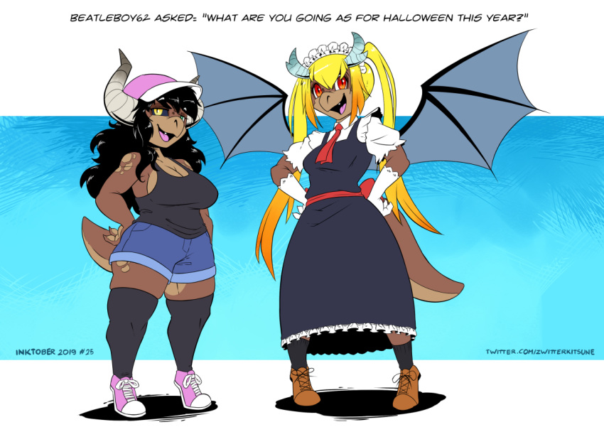 2019 amber_eyes anthro clothing cosplay dragon dress duo female horn kobold lilly_reyes maid_uniform membrane_(anatomy) membranous_wings miss_kobayashi's_dragon_maid quetzalcoatl_(dragon_maid) red_eyes samantha_reyes tohru_(dragon_maid) uniform wings zwitterkitsune