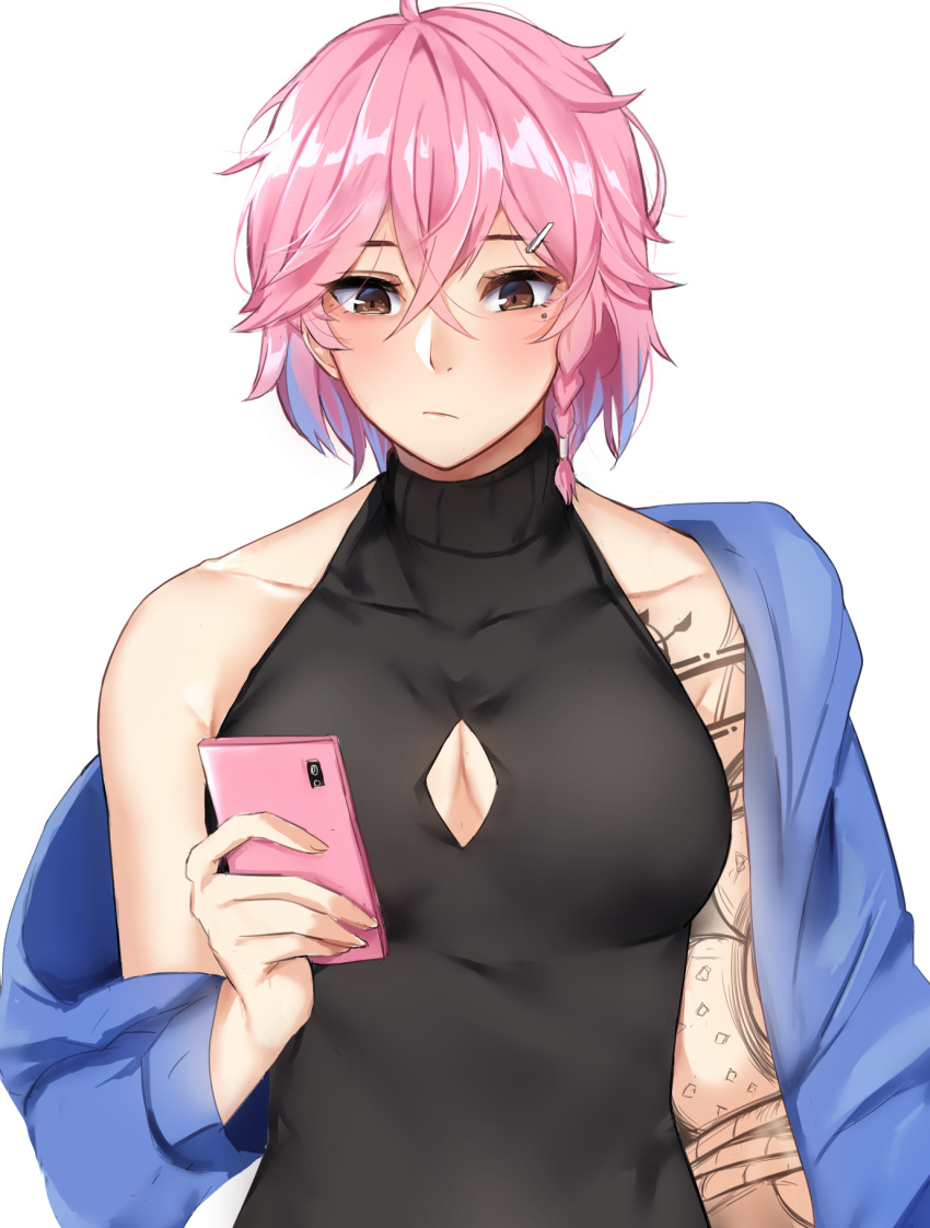 1girl ardi_rayhan bare_shoulders blue_jacket blush breasts brown_eyes cellphone cleavage cleavage_cutout hair_ornament hairclip highres holding holding_phone jacket large_breasts mole original phone pink_hair short_hair sleeveless sleeveless_turtleneck smartphone solo tattoo turtleneck white_background