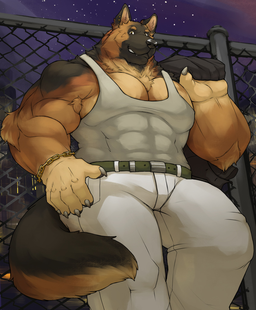 2019 5_fingers abs absurd_res anthro biceps big_muscles black_body black_fur black_nose bottomwear bracelet brown_body brown_fur canid canine canis cinna-tree clothing domestic_dog ear_piercing fingers fur german_shepherd herding_dog hi_res jewelry looking_at_viewer low-angle_view male mammal multicolored_body multicolored_fur muscular muscular_male pants pastoral_dog pecs piercing shirt smile solo tank_top topwear two_tone_body two_tone_fur yellow_eyes