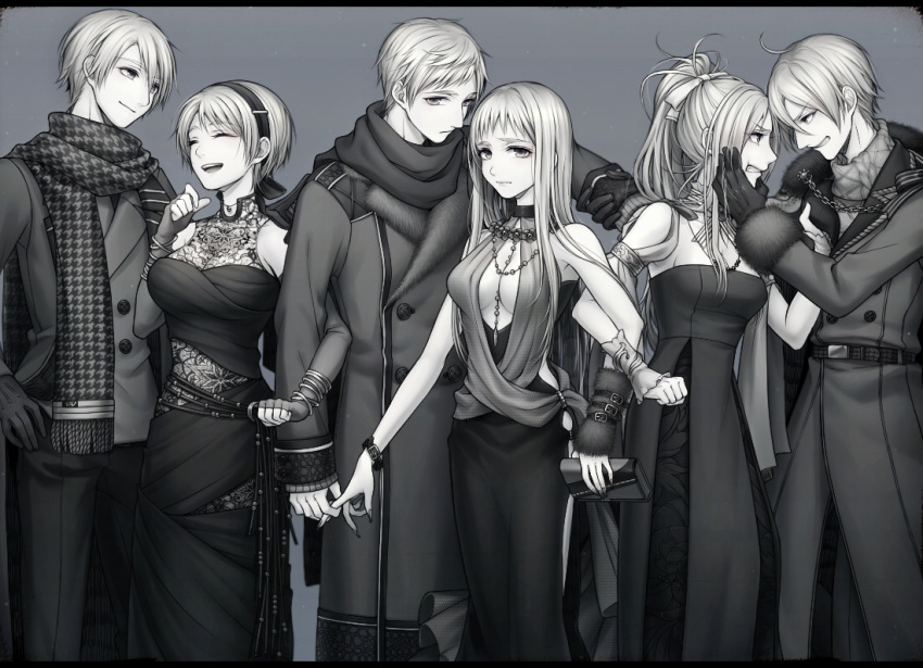 3boys 3girls arm_at_side axis_powers_hetalia bag bare_shoulders bead_necklace beads belarus_(hetalia) belt between_breasts bracelet breasts chain cheek_squash cleavage cleavage_cutout clenched_hand clenched_teeth coat detached_collar double-breasted dress elbow_gloves eye_contact feet_out_of_frame fighting fingerless_gloves fingernails fur_trim genderswap genderswap_(ftm) genderswap_(mtf) gloves grey_background hair_ribbon hairband hand_on_another's_shoulder handbag happy holding_finger jewelry lace large_breasts laughing letterboxed locked_arms long_fingernails long_hair looking_at_another looking_at_viewer medium_breasts messy_hair monochrome multiple_boys multiple_girls necklace oushi_zabuton pants pendant poking ponytail ribbon russia_(hetalia) scarf side-by-side sleeveless sleeveless_dress smile teeth turtleneck ukraine_(hetalia)