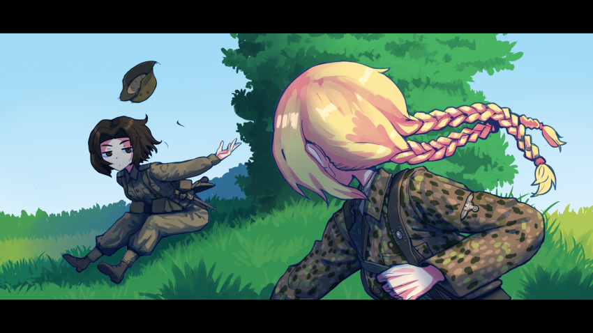 2girls blue_sky boots braid breasts brown_eyes clenched_hand commentary erica_(naze1940) headwear_removed helmet helmet_removed highres long_hair military military_uniform multiple_girls original outdoors short_hair sitting sky stahlhelm twin_braids uniform world_war_ii