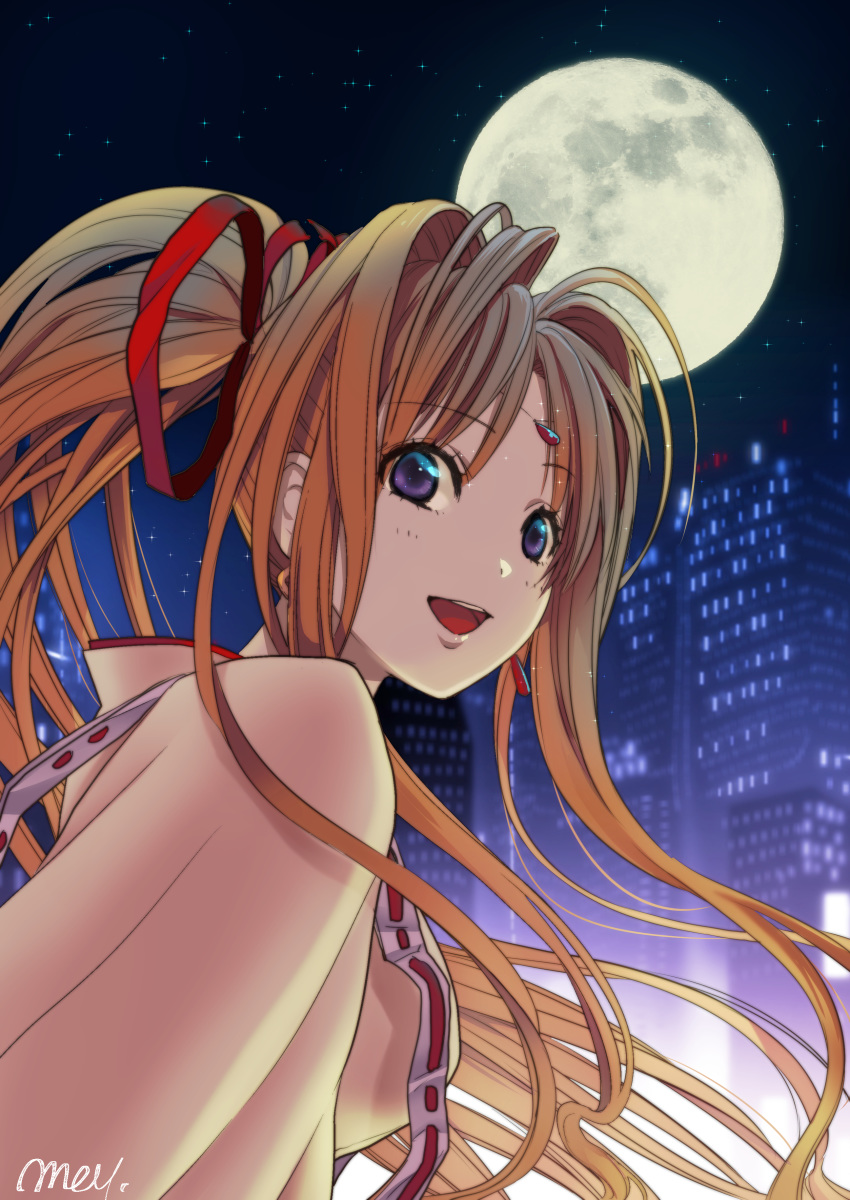 1girl absurdres blonde_hair building earrings face forehead_jewel full_moon hair_ribbon highres jewelry kaitou_jeanne kamikaze_kaitou_jeanne kusakabe_maron lips long_hair looking_at_viewer magical_girl moon night open_mouth ponytail portrait purple_eyes red_ribbon ribbon sidelocks skyscraper solo teeth tsukino_meito