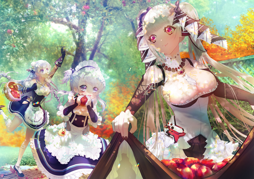 3girls apple apron autumn azur_lane bare_shoulders basket belchan_(azur_lane) belfast_(azur_lane) black_nails blue_eyes breasts calbee cleavage commentary day edinburgh_(azur_lane) food formidable_(azur_lane) frilled_skirt frills fruit fruit_tree gothic_lolita highres holding holding_basket large_breasts lifted_by_self lolita_fashion maid multiple_girls nail_polish outdoors petticoat picking_fruit purple_eyes red_apple silver_hair skirt skirt_hold skirt_lift standing standing_on_one_leg tree waist_apron