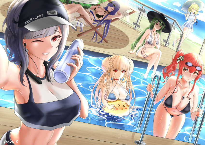 6+girls ahoge alternate_costume azur_lane bangs bare_shoulders baseball_cap between_breasts bikini black_bikini black_headwear blonde_hair blue_bikini blunt_bangs blush bottle braid breasts carabiniere_(azur_lane) choker cleavage closed_eyes closed_mouth collarbone commentary crop_top crop_top_overhang day double_bun dress earphones english_commentary eyebrows_visible_through_hair eyewear_on_head food formidable_(azur_lane) formidable_(the_lady_of_the_beach)_(azur_lane) giulio_cesare_(azur_lane) giulio_cesare_(fitness_master)_(azur_lane) goggles goggles_on_head green_hair grey_hair hair_between_eyes hair_ornament hair_over_one_eye hairband hand_on_own_chest hat holding holding_bottle ice_cream large_breasts leaning_forward littorio_(azur_lane) littorio_(the_glory_of_naples)_(azur_lane) long_hair looking_at_viewer lying manjuu_(azur_lane) multiple_girls navel nevblindarts nose_blush o-ring o-ring_bikini on_back one_eye_closed open_mouth outdoors outstretched_arm parted_lips pool purple_eyes purple_hair red_eyes red_hair self_shot sheer_clothes short_hair side_ponytail sidelocks signature sitting sky sleeves smile standing sun_hat sunglasses swimsuit teeth trento_(azur_lane) trento_(summer's_hotness?)_(azur_lane) very_long_hair water_bottle wavy_hair wet white_dress zara_(azur_lane) zara_(poolside_coincidence)_(azur_lane)