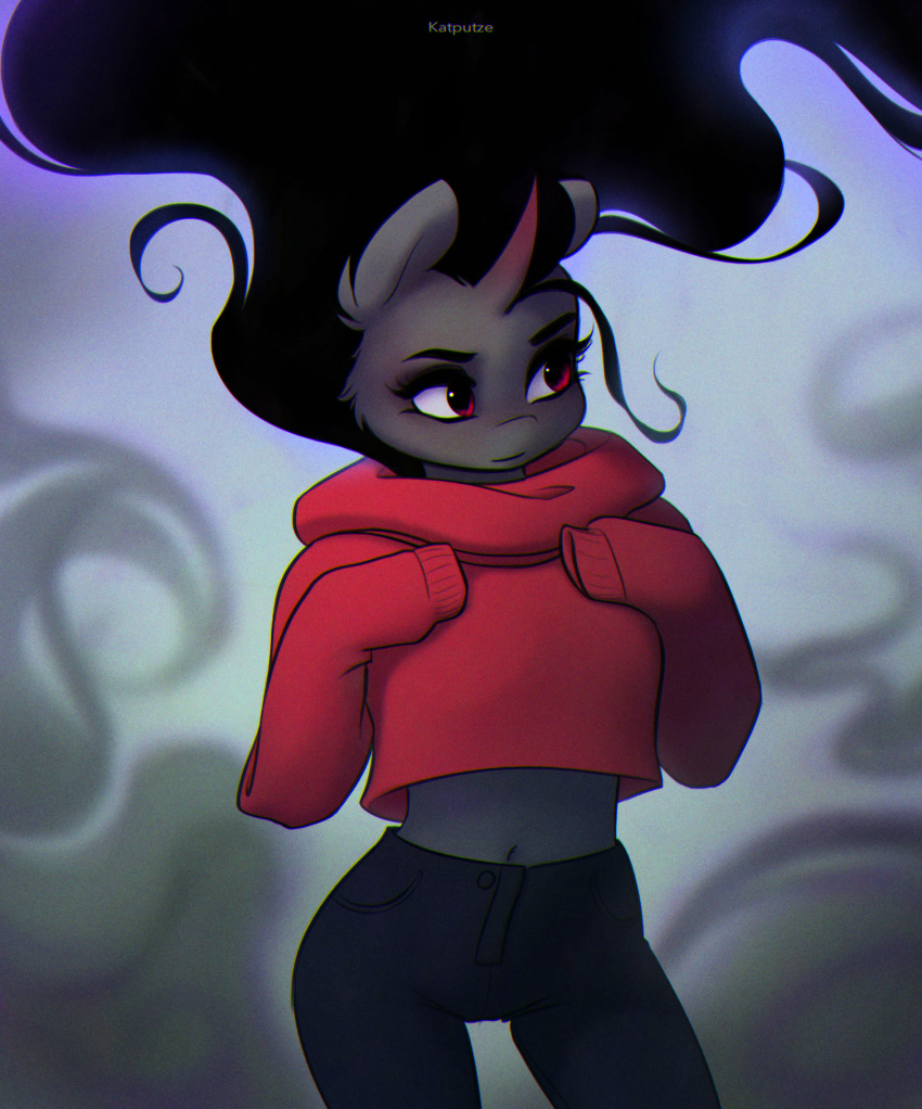 2019 anthro black_hair bottomwear clothed clothing crossgender equid female friendship_is_magic hair hi_res horn katputze king_sombra_(mlp) long_hair mammal midriff mtf_crossgender my_little_pony navel pants red_eyes solo sweater topwear unicorn