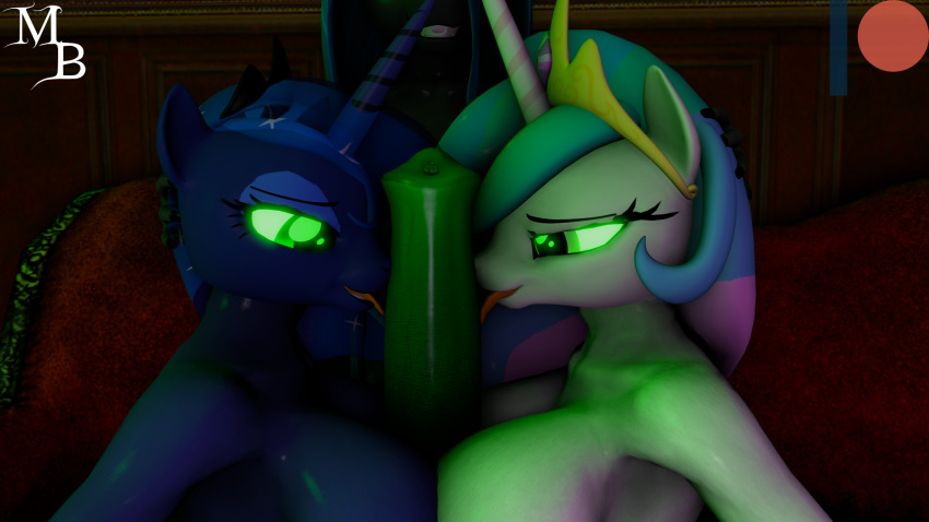 16:9 3d_(artwork) anthro arthropod breasts changeling digital_media_(artwork) double_titfuck equid female friendship_is_magic group group_sex hi_res horn licking mammal masterbrony mind_control my_little_pony oral penile penis penis_lick princess_celestia_(mlp) princess_luna_(mlp) queen_chrysalis_(mlp) sex sibling sister sisters threesome titfuck tongue tongue_out unicorn