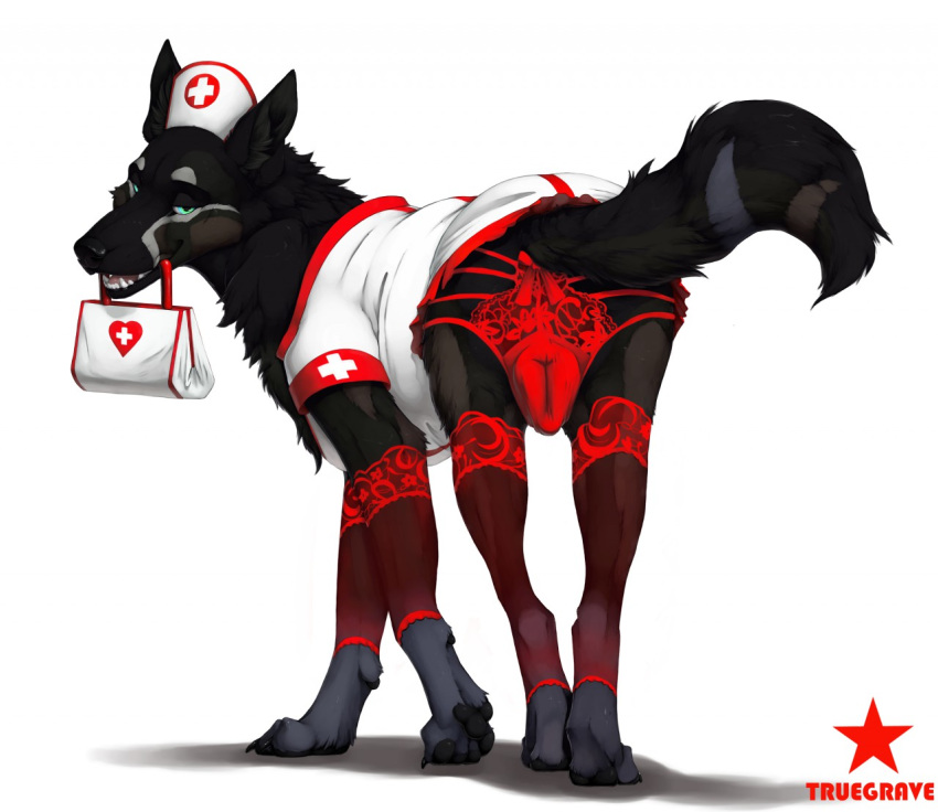 2019 anatomically_correct anatomically_correct_pussy animal_genitalia animal_pussy anus black_body black_fur black_nose blue_eyes canid canine canine_pussy canis clothed clothed_feral clothing female feral fur hiona legwear looking_at_viewer looking_back mammal nurse nurse_uniform panties pawpads paws plump_labia pussy simple_background smile solo stockings truegrave9 underwear uniform wolf