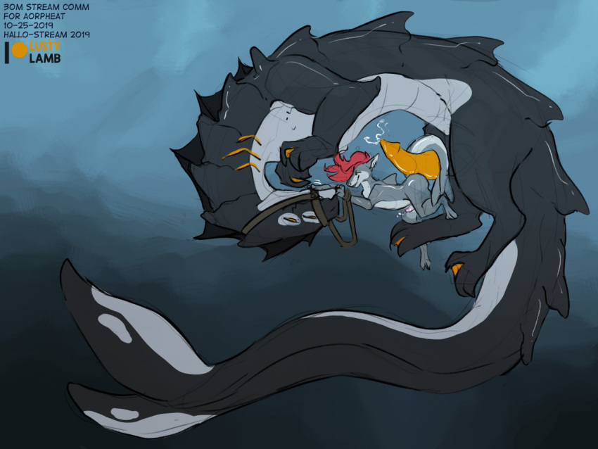 anthro anthro_on_feral bestiality bodily_fluids conditional_dnp feral fish genital_fluids leviathan lustylamb male male/male marine monster precum shark size_difference small_dom_big_sub underwater water