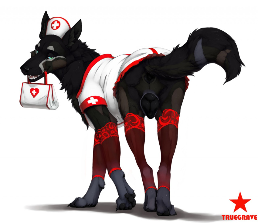 2019 anatomically_correct anatomically_correct_pussy animal_genitalia animal_pussy anus black_body black_fur black_nose blue_eyes canid canine canine_pussy canis clothed clothed_feral clothing female feral fur hiona legwear looking_at_viewer looking_back mammal nurse nurse_uniform pawpads paws plump_labia presenting pussy simple_background smile solo stockings truegrave9 uniform wolf