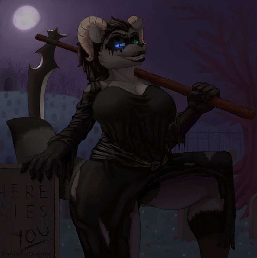 anthro big_breasts breasts clothing death_(personification) demon female graveyard grim_reaper halloween heterochromia hi_res holidays horn mammal melee_weapon polearm procyonid raccoon raz_von_coon robe scythe solo thejoyfuldragon weapon