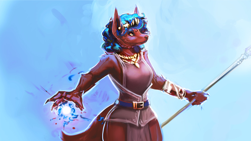 2019 anthro belt blue_hair breasts canid canine canis clothing female fur hair jewelry magic mammal red_body red_fur simple_background snout solo staff watsup wolf yellow_eyes