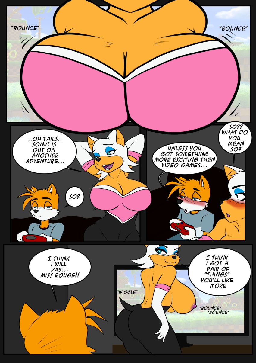 age_difference big_breasts breasts canid canine chiropteran cleavage clothed clothing comic controller domination duo female female_domination fox fur gaming hi_res joykill larger_female male male/female mammal miles_prower nipples older_female playing_videogame rouge_outfit rouge_the_bat side_boob size_difference sonic_(series) television white_body white_fur yellow_body yellow_fur young younger_male