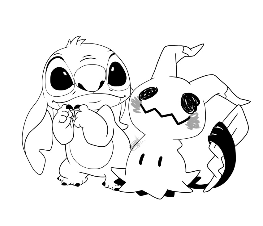2019 4_fingers 6:5 alien ambiguous_gender claws crossover digital_media_(artwork) disney duo ears_down experiment_(lilo_and_stitch) fingers fur greyscale head_tuft hi_res inktober lilo_and_stitch mimikyu monochrome nintendo notched_ear pivoted_ears pok&eacute;mon pok&eacute;mon_(species) randompiexx signature simple_background smile standing stitch_(lilo_and_stitch) tuft video_games white_background