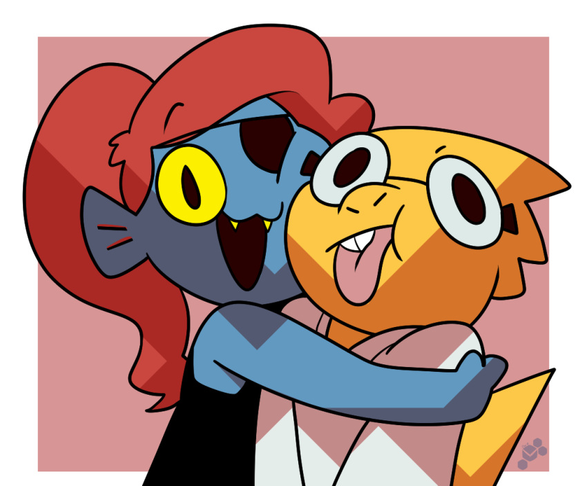 2019 alphys alternate_universe anthro blue_body blue_skin buckteeth child clothed clothing cute_fangs duo eye_patch eyewear fangs female fish glasses hair hug humanoid littletale lizard long_hair marine ponytail potoobrigham red_hair reptile scalie sharp_teeth smile teeth tongue tongue_out undertale undyne video_games yellow_sclera young